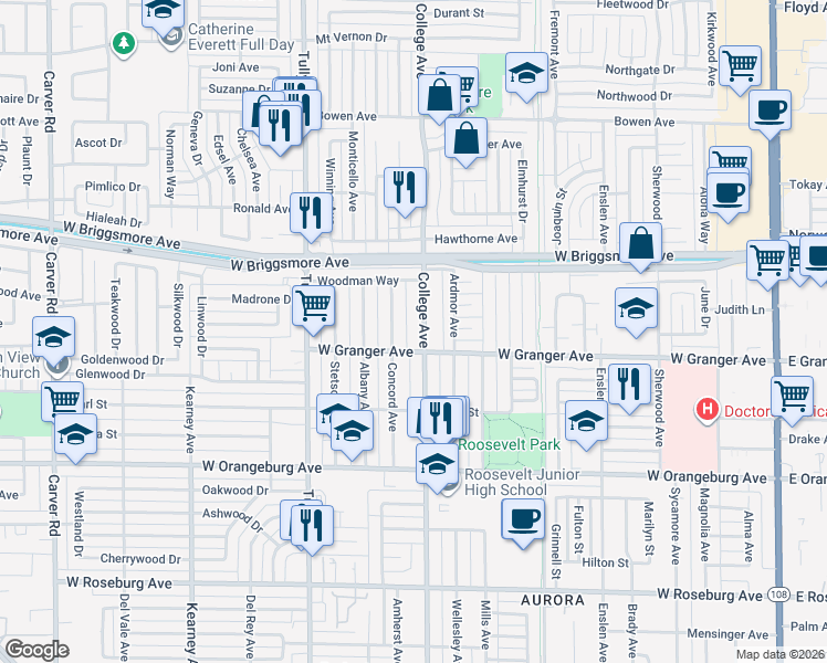 map of restaurants, bars, coffee shops, grocery stores, and more near 1611 College Avenue in Modesto