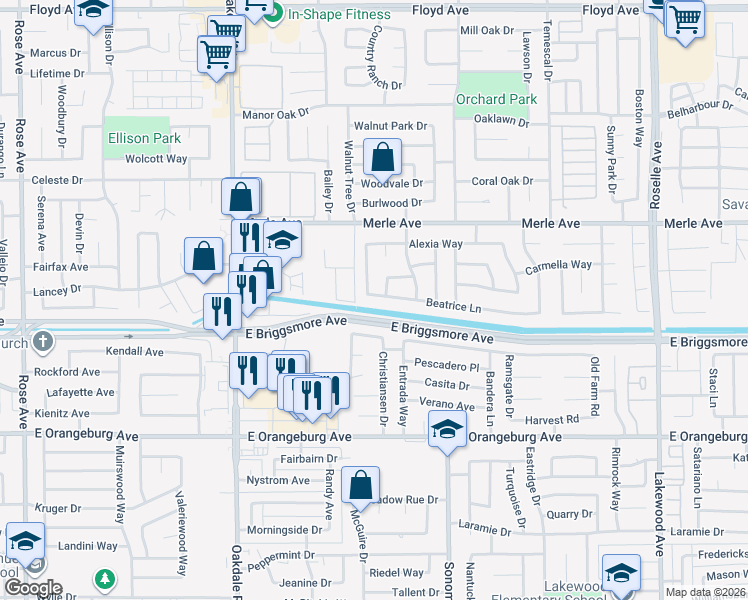 map of restaurants, bars, coffee shops, grocery stores, and more near 2420 Beatrice Lane in Modesto