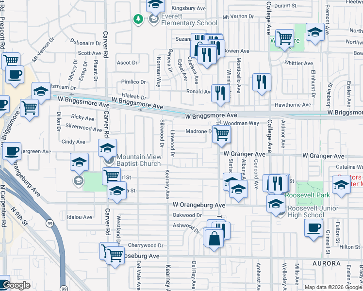 map of restaurants, bars, coffee shops, grocery stores, and more near 1425 Baywood Drive in Modesto