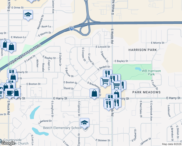 map of restaurants, bars, coffee shops, grocery stores, and more near 9200 East Bedell Street in Wichita