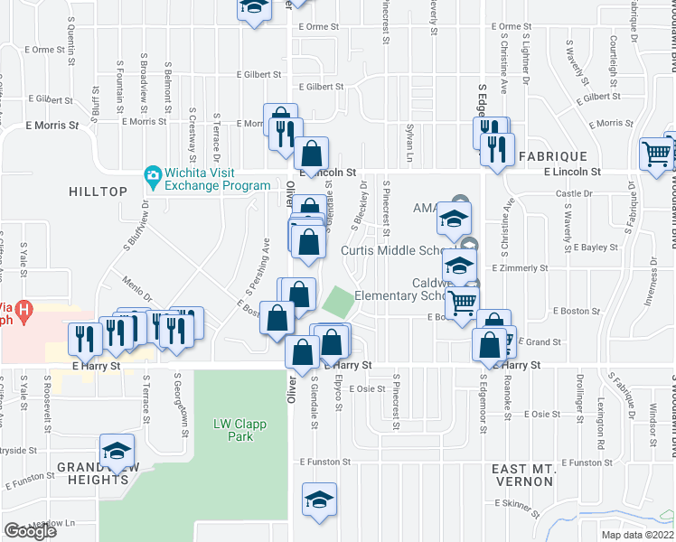 map of restaurants, bars, coffee shops, grocery stores, and more near 1301 South Bleckley Drive in Wichita