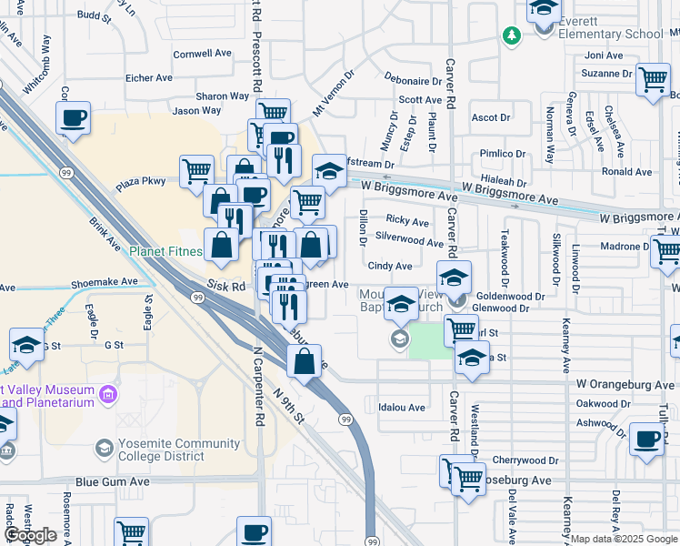 map of restaurants, bars, coffee shops, grocery stores, and more near 1601 Randazzo Avenue in Modesto