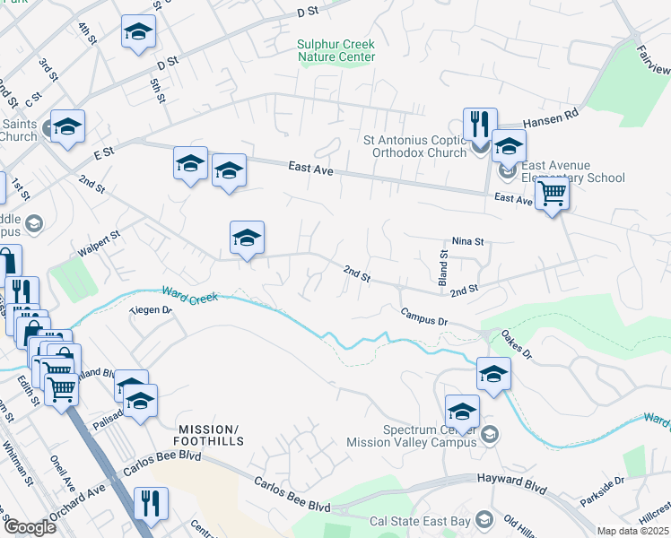 map of restaurants, bars, coffee shops, grocery stores, and more near 24739 2nd Street in Hayward