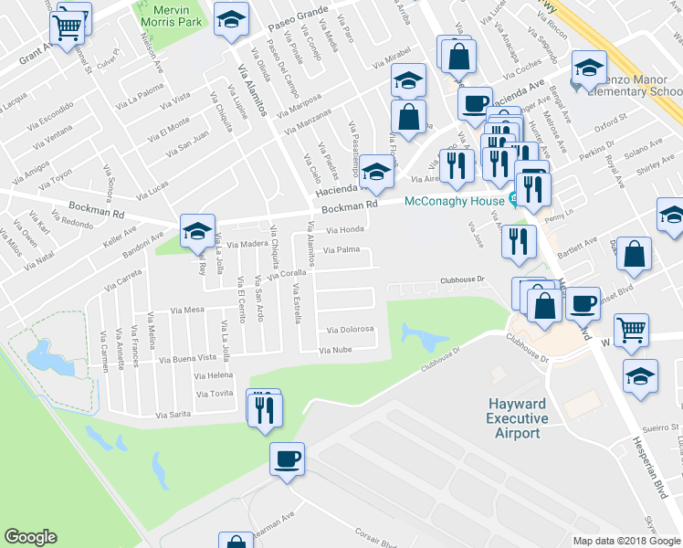 map of restaurants, bars, coffee shops, grocery stores, and more near 1126 Via Coralla in San Lorenzo
