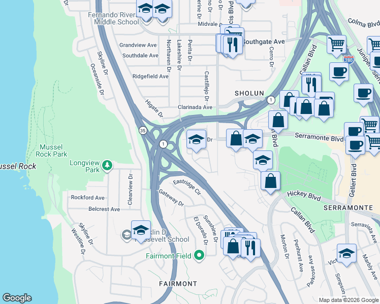 map of restaurants, bars, coffee shops, grocery stores, and more near 100 Crestview Circle in Daly City