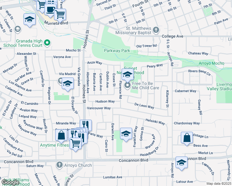 map of restaurants, bars, coffee shops, grocery stores, and more near 1178 Essex Street in Livermore