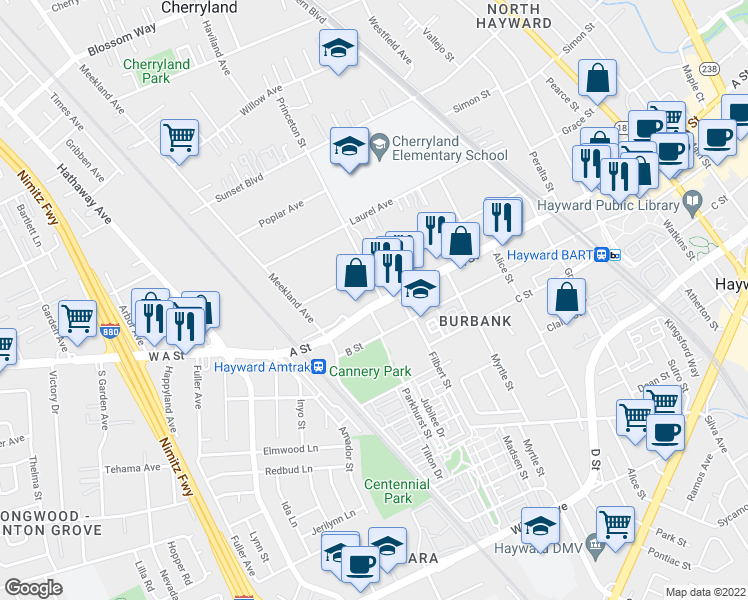 map of restaurants, bars, coffee shops, grocery stores, and more near 210 A Street in Hayward