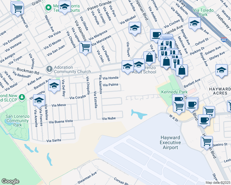 map of restaurants, bars, coffee shops, grocery stores, and more near 1086 Via Coralla in San Lorenzo