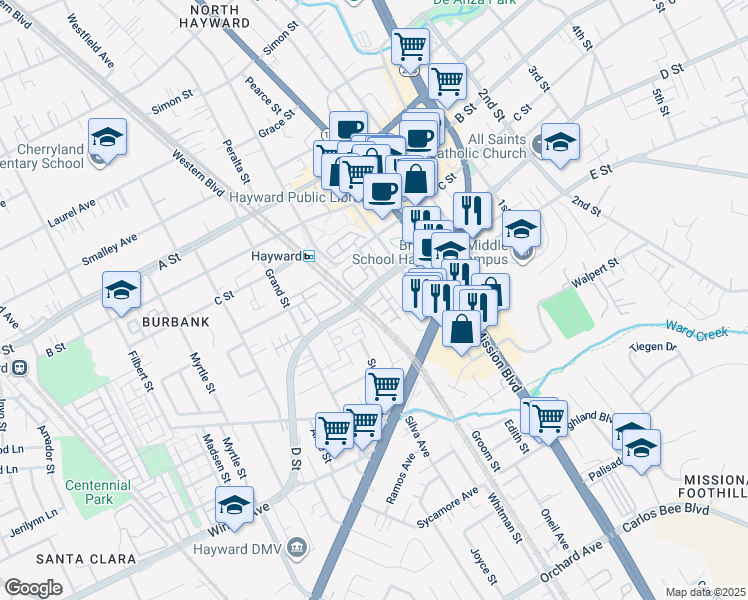 map of restaurants, bars, coffee shops, grocery stores, and more near 644 Artisan Place in Hayward