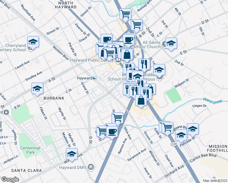 map of restaurants, bars, coffee shops, grocery stores, and more near 644 Artisan Place in Hayward