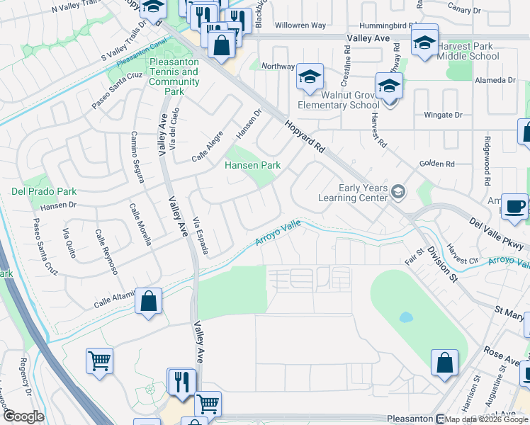 map of restaurants, bars, coffee shops, grocery stores, and more near 2189 Corte Ricardo in Pleasanton