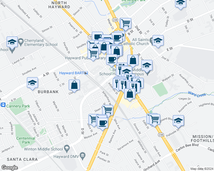 map of restaurants, bars, coffee shops, grocery stores, and more near 601 Artisan Place in Hayward