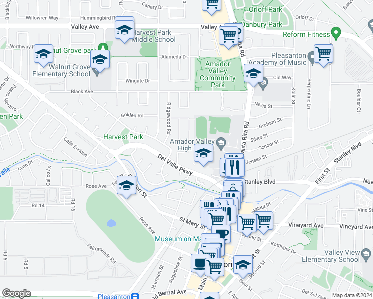 map of restaurants, bars, coffee shops, grocery stores, and more near 1160 Tiffany Lane in Pleasanton