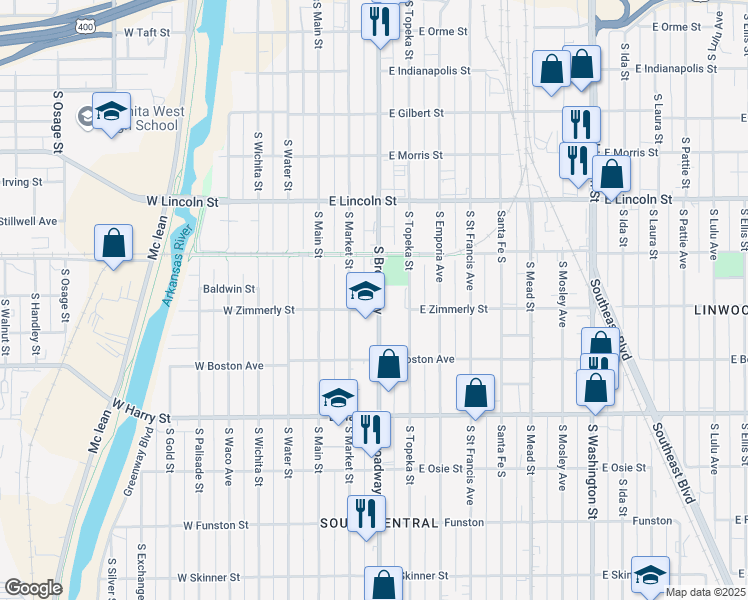 map of restaurants, bars, coffee shops, grocery stores, and more near 1357 South Broadway in Wichita