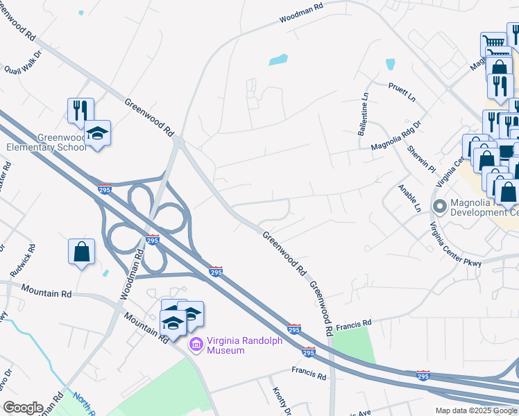map of restaurants, bars, coffee shops, grocery stores, and more near 1949 Greenwood Glen Drive in Glen Allen