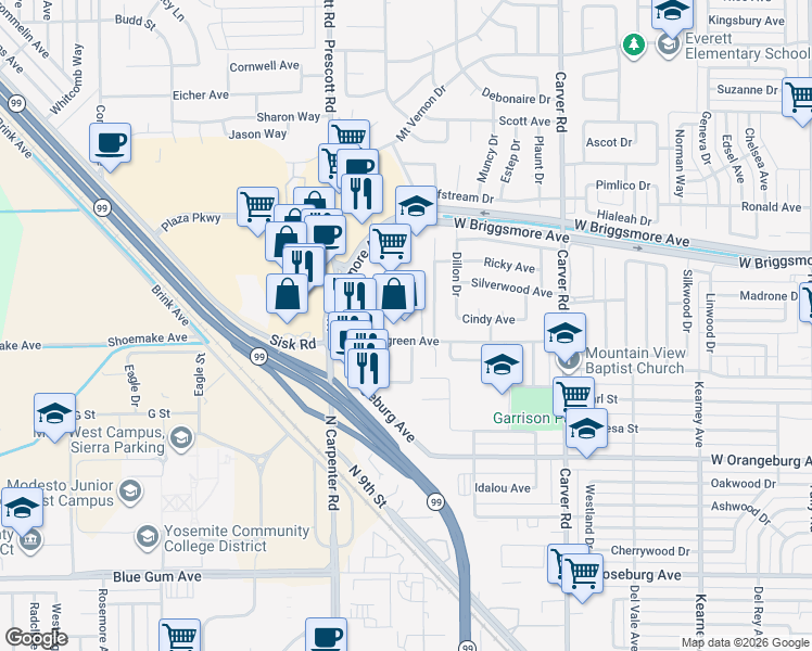 map of restaurants, bars, coffee shops, grocery stores, and more near 2013 Evergreen Avenue in Modesto