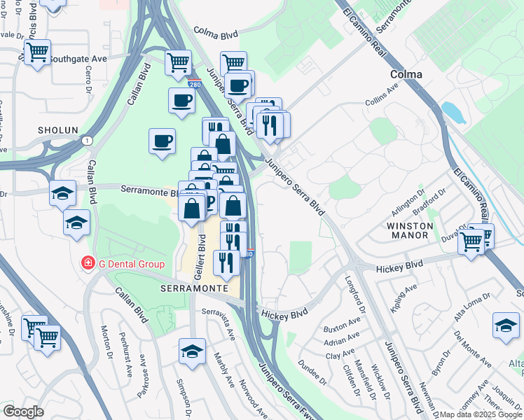 map of restaurants, bars, coffee shops, grocery stores, and more near 353 Philip Drive in Daly City