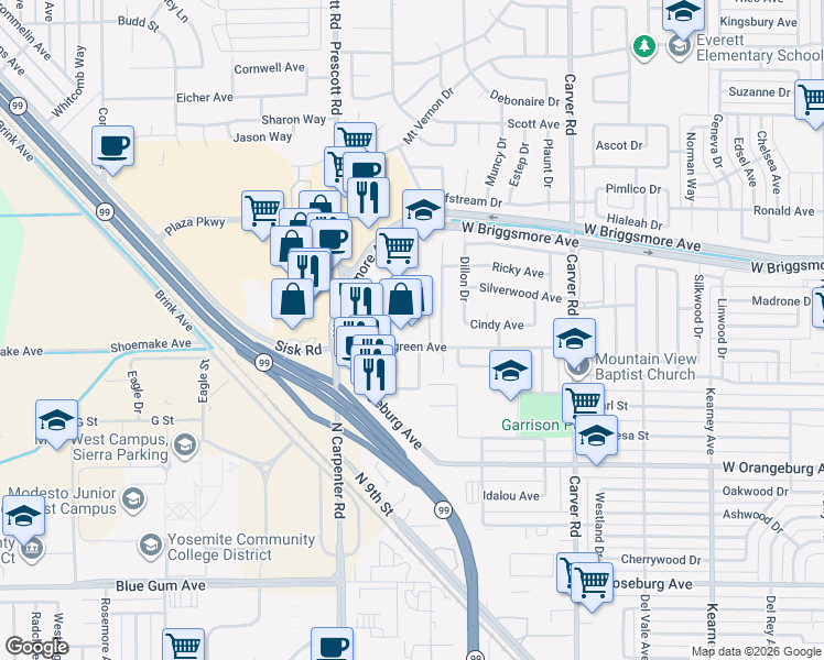 map of restaurants, bars, coffee shops, grocery stores, and more near 2013 Evergreen Avenue in Modesto