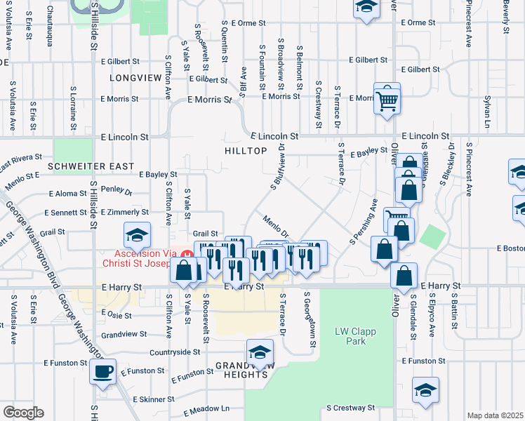 map of restaurants, bars, coffee shops, grocery stores, and more near 4117 Menlo Drive in Wichita