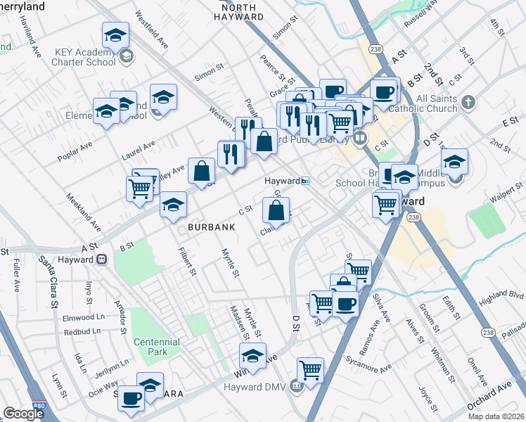 map of restaurants, bars, coffee shops, grocery stores, and more near 541 C Street in Hayward