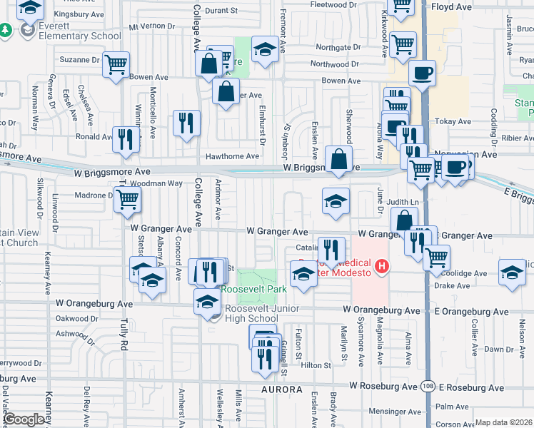 map of restaurants, bars, coffee shops, grocery stores, and more near 1616 Carlton Avenue in Modesto