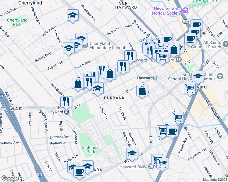 map of restaurants, bars, coffee shops, grocery stores, and more near in Hayward