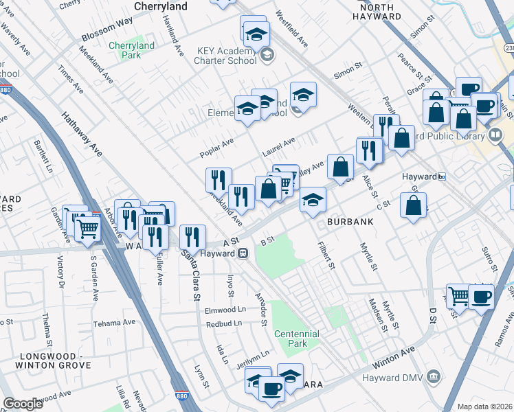 map of restaurants, bars, coffee shops, grocery stores, and more near 150 A Street in Hayward