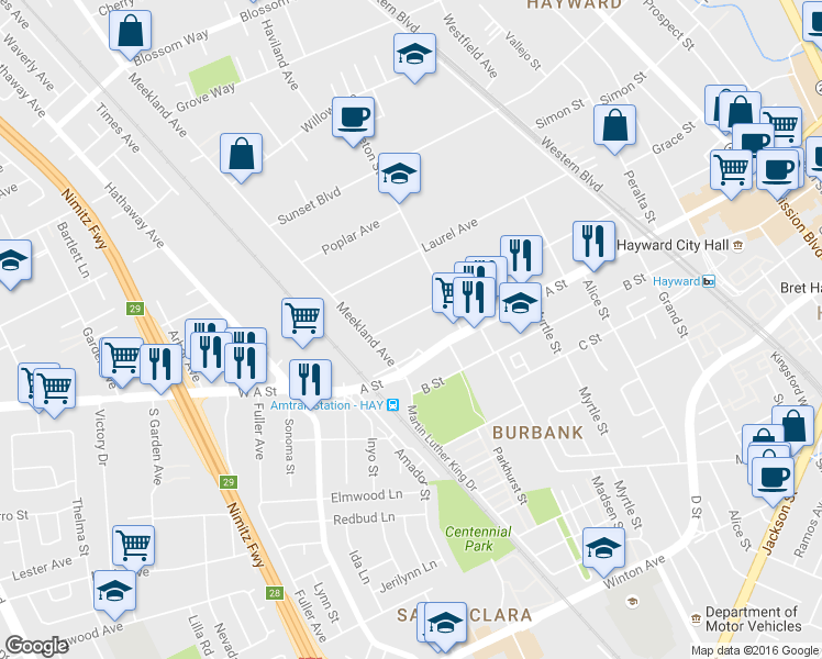 map of restaurants, bars, coffee shops, grocery stores, and more near 150 A Street in Hayward