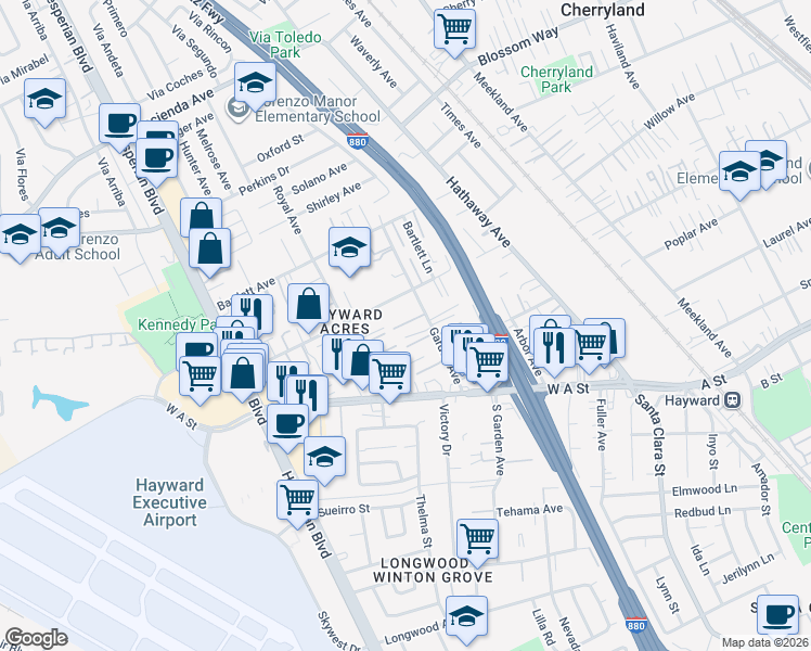 map of restaurants, bars, coffee shops, grocery stores, and more near 534 Garden Place in Hayward