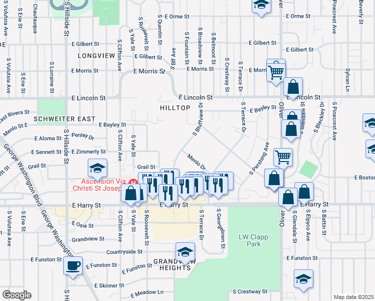 map of restaurants, bars, coffee shops, grocery stores, and more near 4117 Menlo Drive in Wichita