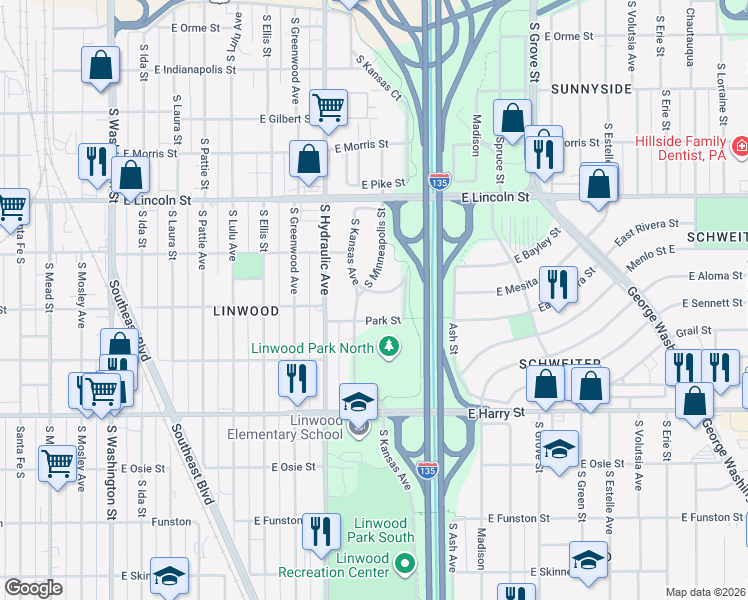 map of restaurants, bars, coffee shops, grocery stores, and more near 1360 South Kansas Street in Wichita