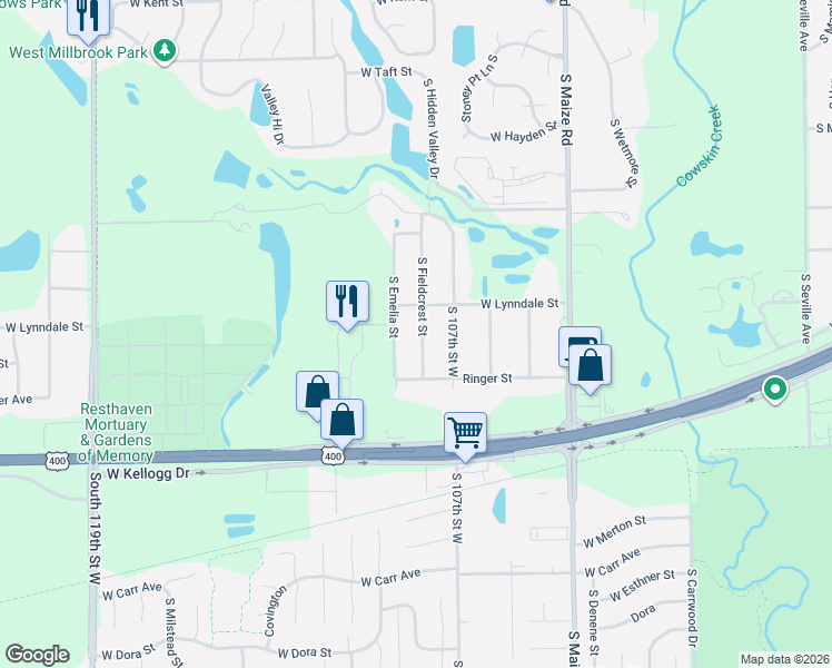 map of restaurants, bars, coffee shops, grocery stores, and more near 1421 S Fieldcrest St in Wichita