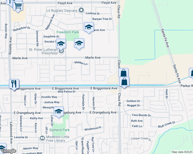 map of restaurants, bars, coffee shops, grocery stores, and more near 1605 Epping Avenue in Modesto