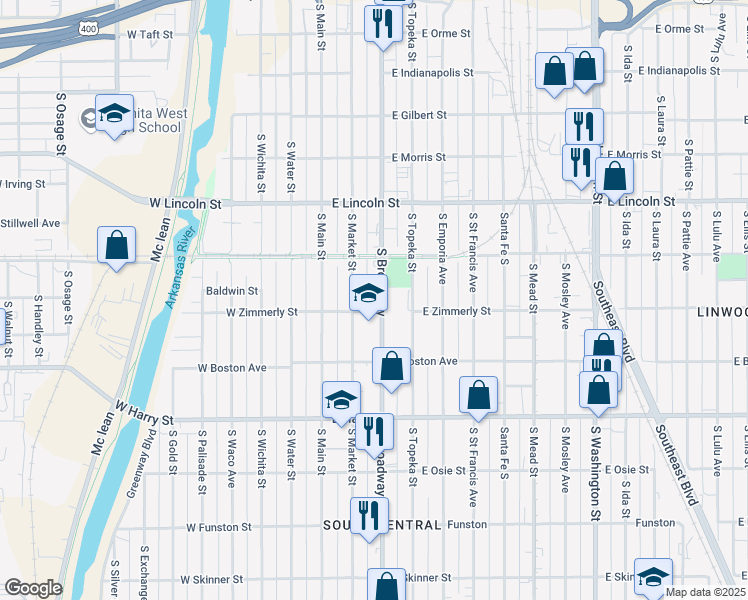 map of restaurants, bars, coffee shops, grocery stores, and more near 1357 South Broadway in Wichita
