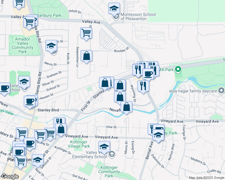 map of restaurants, bars, coffee shops, grocery stores, and more near 3724 Stanley Boulevard in Pleasanton
