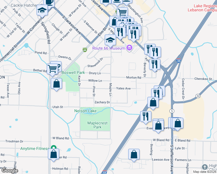 map of restaurants, bars, coffee shops, grocery stores, and more near 501 Holly Street in Lebanon