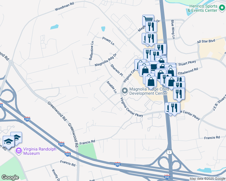 map of restaurants, bars, coffee shops, grocery stores, and more near 10604 Anable Lane in Glen Allen