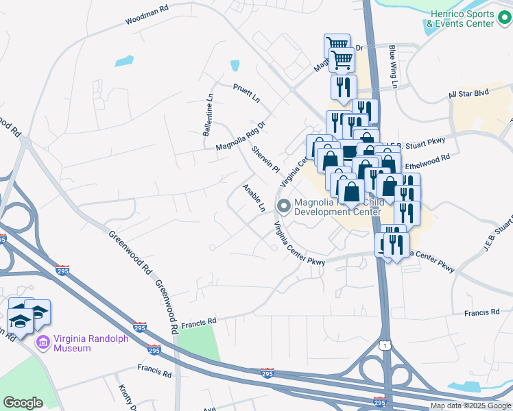 map of restaurants, bars, coffee shops, grocery stores, and more near 10604 Anable Lane in Glen Allen