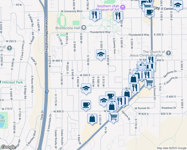 map of restaurants, bars, coffee shops, grocery stores, and more near 638 West 500 South in Cedar City