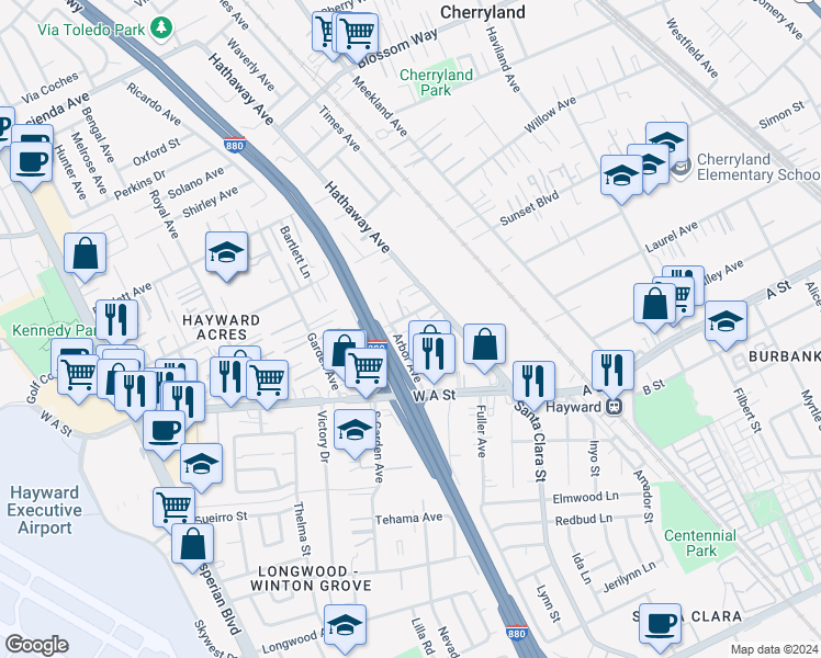 map of restaurants, bars, coffee shops, grocery stores, and more near 21942 Arbor Avenue in Hayward