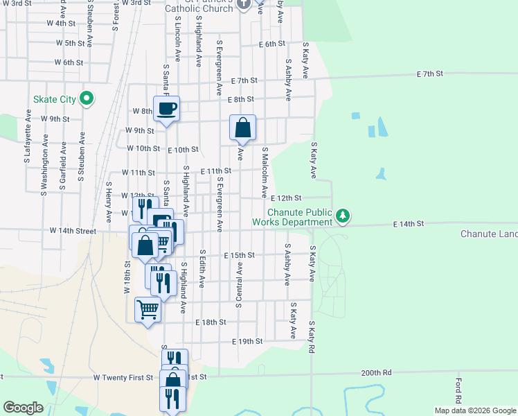 map of restaurants, bars, coffee shops, grocery stores, and more near 1305 South Malcolm Avenue in Chanute