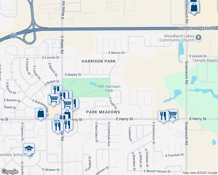 map of restaurants, bars, coffee shops, grocery stores, and more near 1300 South Webb Road in Wichita