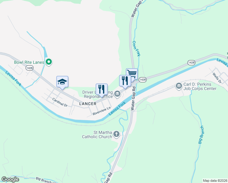 map of restaurants, bars, coffee shops, grocery stores, and more near 3202 South Lake Drive in Prestonsburg