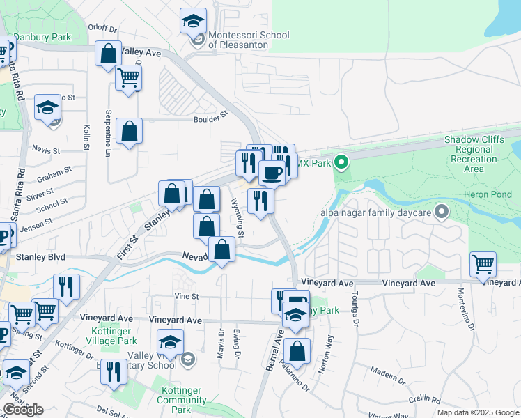 map of restaurants, bars, coffee shops, grocery stores, and more near 142 Wyoming Street in Pleasanton