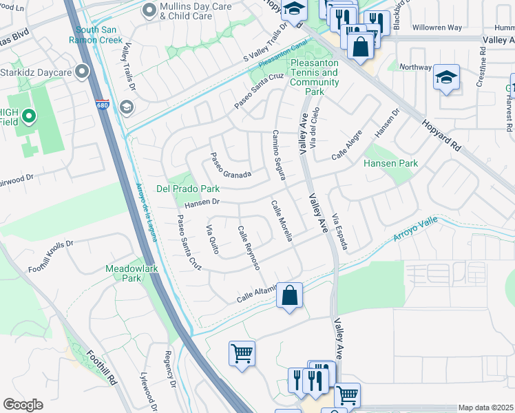 map of restaurants, bars, coffee shops, grocery stores, and more near 6566 Vía San Blas in Pleasanton