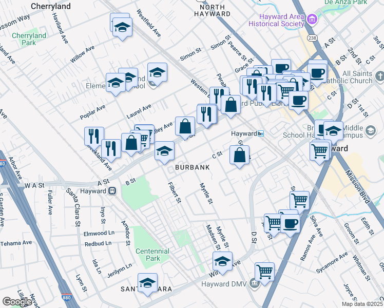 map of restaurants, bars, coffee shops, grocery stores, and more near in Hayward