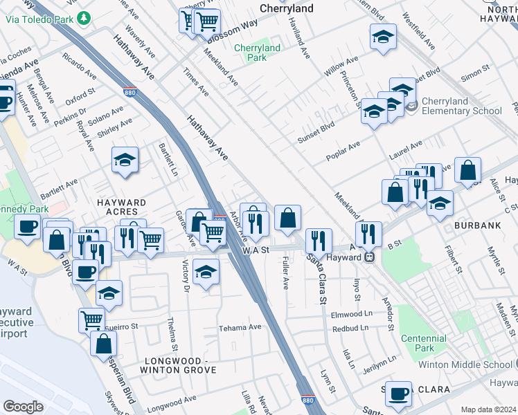 map of restaurants, bars, coffee shops, grocery stores, and more near 22073 Hathaway Avenue in Hayward