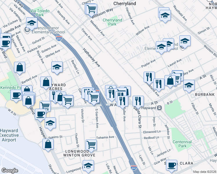 map of restaurants, bars, coffee shops, grocery stores, and more near 21966 Arbor Avenue in Hayward