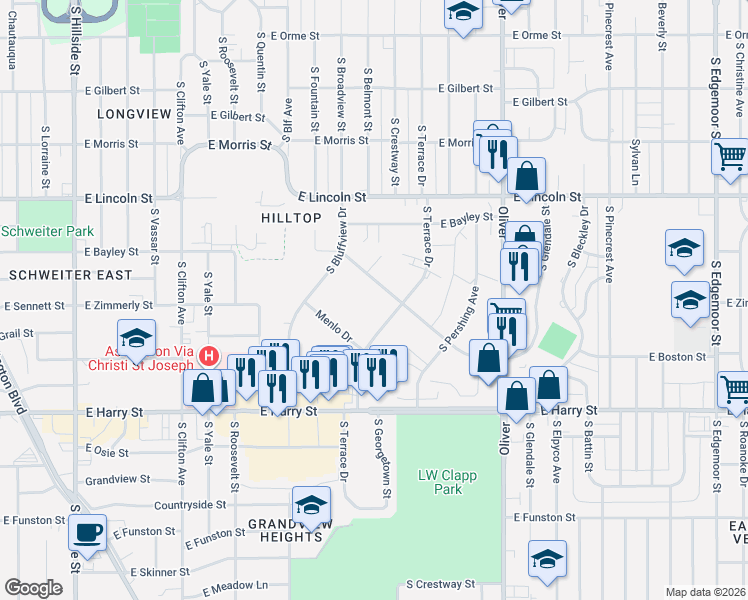 map of restaurants, bars, coffee shops, grocery stores, and more near 1355 South Terrace Drive in Wichita