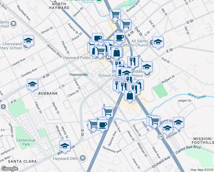 map of restaurants, bars, coffee shops, grocery stores, and more near 22820 Paseo Place in Hayward